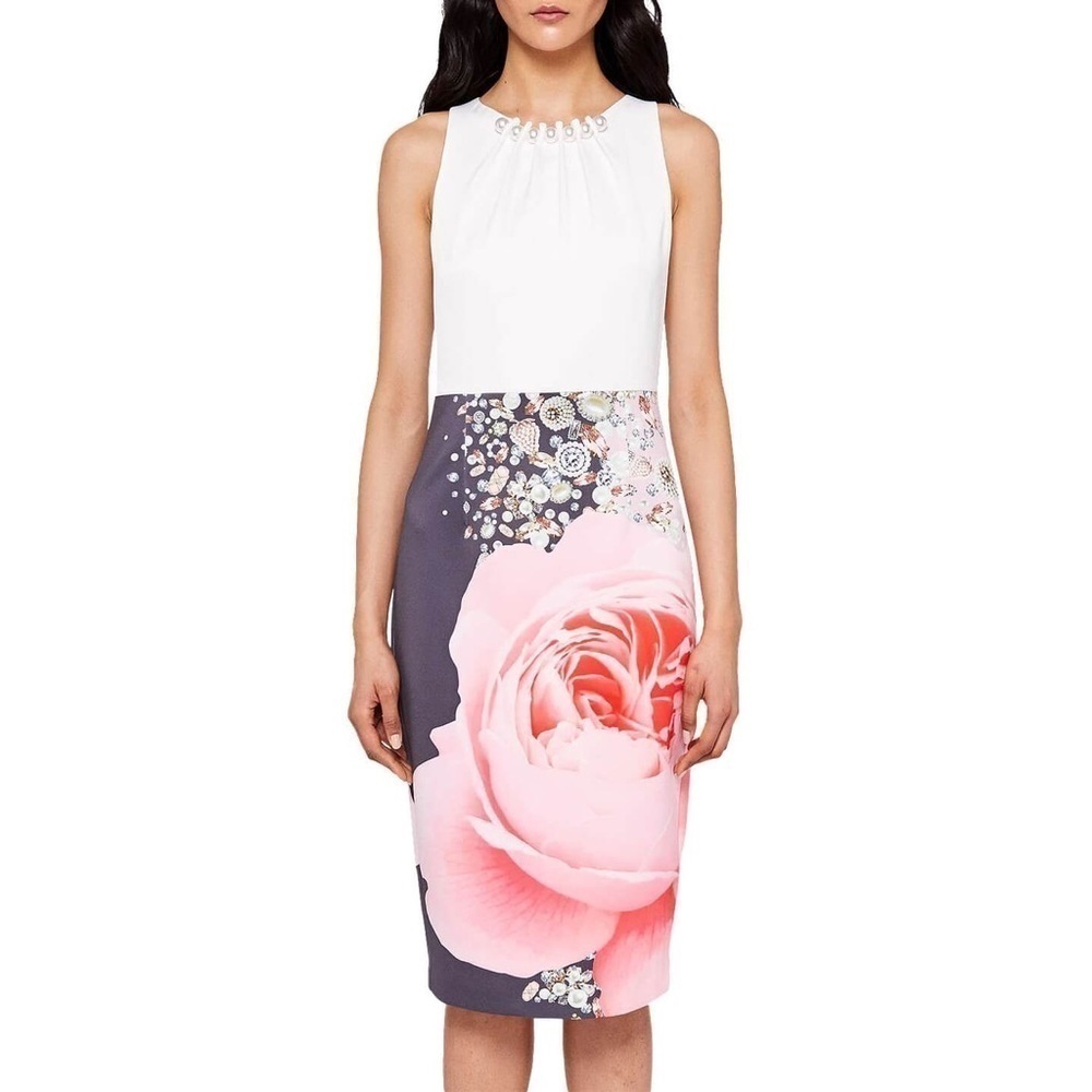 Ted Baker Floral Rubelle Blenheim Palace Ruched Faux Pearl Detail Midi Dress